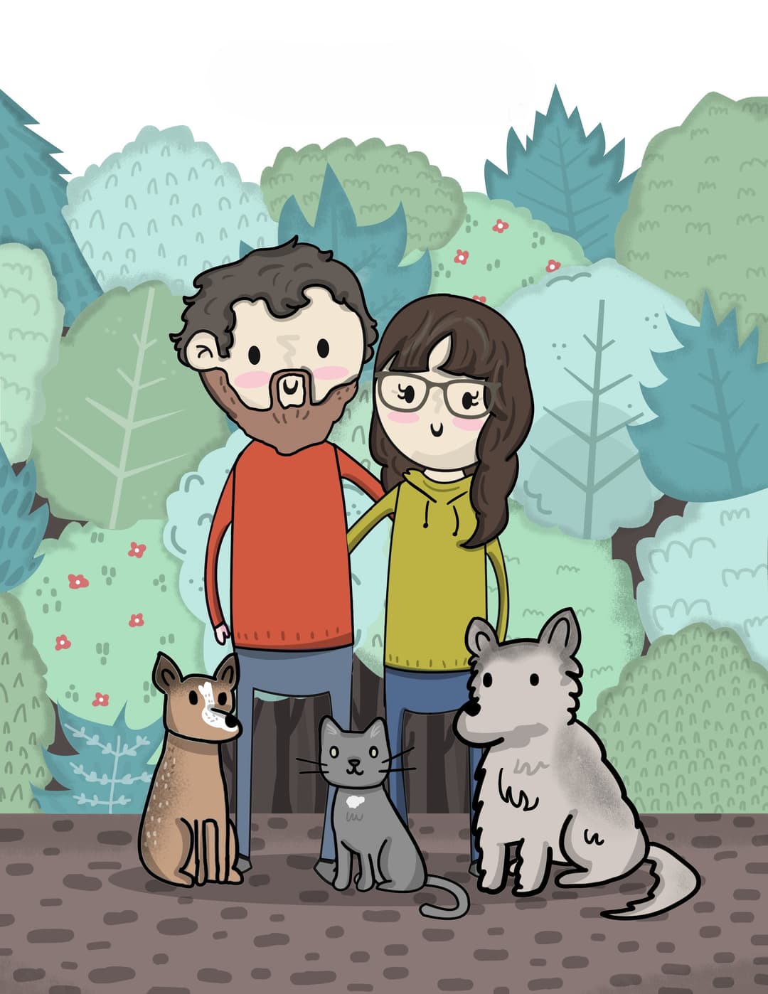 picture of a man & woman with their dogs and a cat
